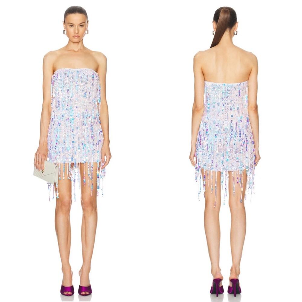 RETROFETE Shira Sequin Embellished Crochet Fringe Strapless Mini Dress Size XS/S